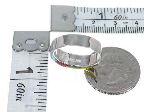 Southwestern Sterling Silver Multicolor Inlay Ring Size 6-1/4 AX87184